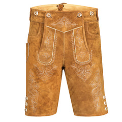 Gold 2 Traditional Bavarian Cowhide Suede Lederhosen Shorts for Oktoberfest, Christmas & Carnivals
