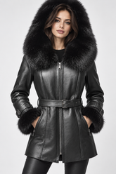 Ladies’ Shearling Leather Coat with Detachable Hood Fox Fur Collar (Cynthia Black)