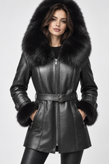 Ladies’ Shearling Leather Coat with Detachable Hood Fox Fur Collar (Cynthia Black)