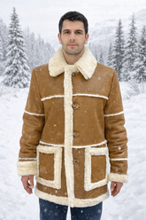 Men’s Authentic Sheepskin Shearling Real Fur Winter Long Coat – Black Leather Shearling Jacket (Marlboro-G)