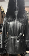 Ladies’ Shearling Leather Coat with Detachable Hood Fox Fur Collar (Cynthia Black)