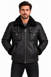 The Maverick – Men’s Genuine Sheepskin Shearling Leather Aviator Jacket, Brown Fur-Lined B3 Bomber Winter Coat