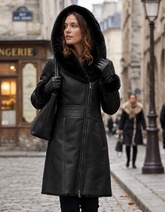 Women’s Genuine Black Luxury Sheepskin Shearling Leather Long Coat with Fox Fur Hood – (Kathy-Black)