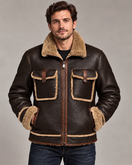 The Maverick – Men’s Genuine Sheepskin Shearling Leather Aviator Jacket, Brown Fur-Lined B3 Bomber Winter Coat