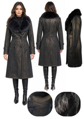 Women’s Sheepskin Shearling Leather Long Coat with Fox Fur – (Spanish Enterfino Print)