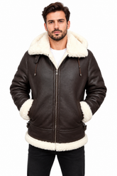 Men’s B3 Sheepskin Shearling Bomber Jacket with Detachable Hood – Genuine Leather Aviator Winter Jacket (Allen-B)