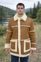 Men’s Authentic Sheepskin Shearling Real Fur Winter Long Coat – Black Leather Shearling Jacket (Marlboro-G)