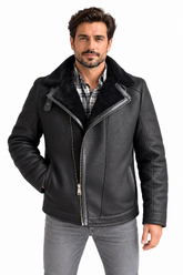 Men’s Genuine Sheepskin Shearling Leather Biker Jacket, Black Fur-Lined Moto Aviator Winter Coat (outlaw)