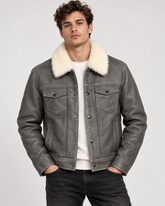 Men’s Genuine Sheepskin Shearling Leather Trucker Jacket, Gray Distressed Fur Collar Winter Coat (Hudson)