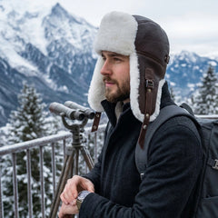 Authentic Unisex Sheepskin Shearling Leather Trapper Hat – Warm Winter Aviator Ushanka hat (Snap-BW)