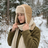 Authentic Unisex Real Sheepskin Shearling Leather Trapper Hat with Fur – Warm Winter Aviator Ushanka hat (Shanka-Tan)