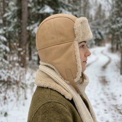 Authentic Unisex Real Sheepskin Shearling Leather Trapper Hat with Fur – Warm Winter Aviator Ushanka hat (Shanka-Tan)