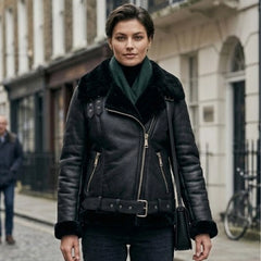 Women's Black B-3 Aviator: Genuine Sheepskin Shearling Leather with Original Fur