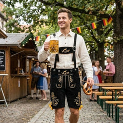 Black & Yellow Traditional Bavarian Cowhide Suede Lederhosen Shorts for Oktoberfest, Christmas & Carnivals