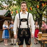 Black & Yellow Traditional Bavarian Cowhide Suede Lederhosen Shorts for Oktoberfest, Christmas & Carnivals