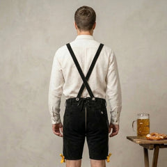 Black & Yellow Traditional Bavarian Cowhide Suede Lederhosen Shorts for Oktoberfest, Christmas & Carnivals