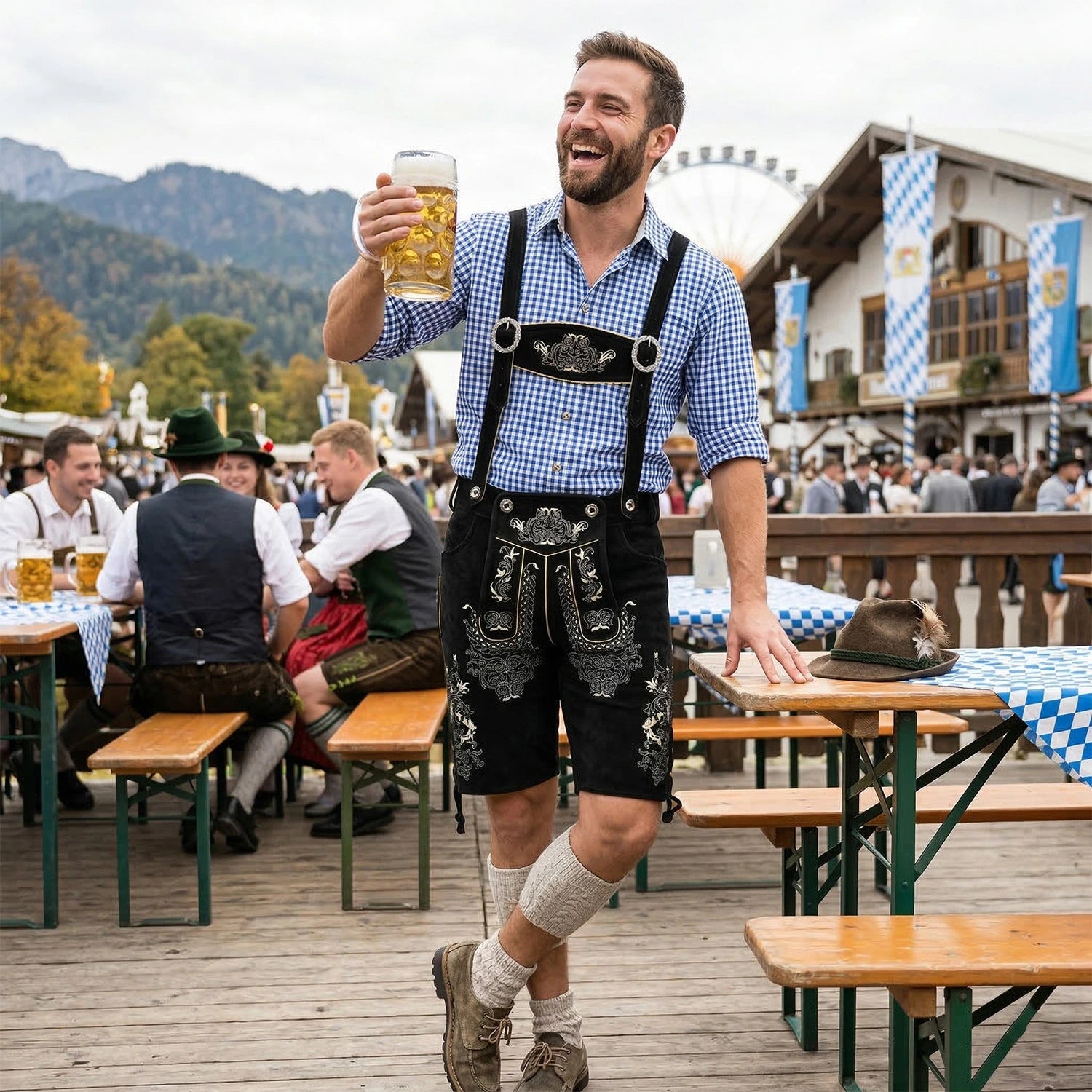 Black Traditional Bavarian Cowhide Suede Lederhosen Shorts for