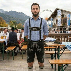 Black Traditional Bavarian Cowhide Suede Lederhosen Shorts for Oktoberfest, Christmas & Carnivals
