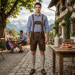 Brown 2 Traditional Bavarian Cowhide Suede Lederhosen Shorts for Oktoberfest, Christmas & Carnivals