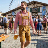 Gold Traditional Bavarian Cowhide Suede Lederhosen Shorts for Oktoberfest, Christmas & Carnivals