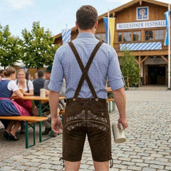 Dark Brown Traditional Bavarian Cowhide Suede Lederhosen Shorts for Oktoberfest, Christmas & Carnivals