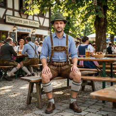 Brown Traditional Bavarian Cowhide Suede Lederhosen Shorts for Oktoberfest, Christmas & Carnivals
