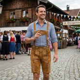 Gold 2 Traditional Bavarian Cowhide Suede Lederhosen Shorts for Oktoberfest, Christmas & Carnivals