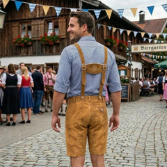 Gold 2 Traditional Bavarian Cowhide Suede Lederhosen Shorts for Oktoberfest, Christmas & Carnivals