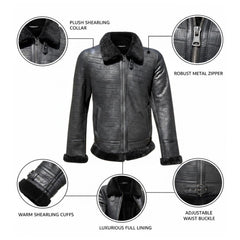 Men’s Authentic B2 Aviator Real Sheepskin Shearling Fur Jacket (Black Croc)