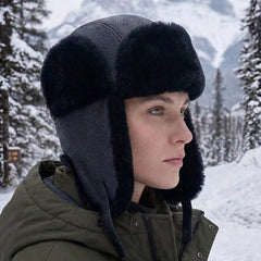 Authentic Unisex Real Sheepskin Shearling Leather Trapper Hat with Fur – Warm Winter Aviator Ushanka hat (Base-B)