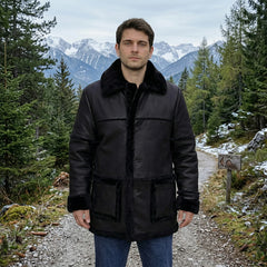 Men’s Authentic Sheepskin Shearling Real Fur Winter Long Coat – Black Leather Shearling Jacket (Marlboro-B)