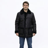 Men’s Authentic Sheepskin Shearling Real Fur Winter Long Coat – Black Leather Shearling Jacket (Marlboro-B)