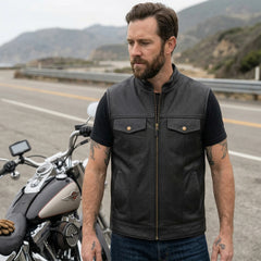 Men’s Black Leather Motorcycle Concealed Carry Vest (Trucker)