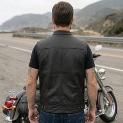 Men’s Black Leather Motorcycle Concealed Carry Vest (Trucker)