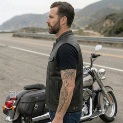 Men’s Black Leather Motorcycle Concealed Carry Vest (Trucker)