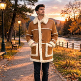 Men’s Authentic Sheepskin Shearling Real Fur Winter Long Coat – Black Leather Shearling Jacket (Marlboro-G)