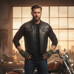 Men’s Black Leather Motorcycle Concealed Carry Vest (Style 1)