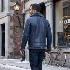 Men’s Real Sheepskin Shearling Leather Jacket – Aviator Style with genuine (Aviator-Blue)