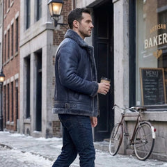 Men’s Real Sheepskin Shearling Leather Jacket – Aviator Style with genuine (Aviator-Blue)