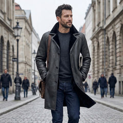 Men’s Real Sheepskin Shearling Leather Trench Coat – Premium Genuine Fur Lined Outerwear (Mark-B)