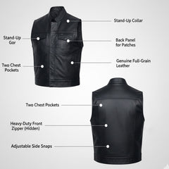 Men’s Black Leather Motorcycle Concealed Carry Vest (Style 1)
