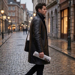Men’s Real Sheepskin Shearling Leather Trench Coat – Premium Genuine Fur Lined Outerwear (Mark-B)
