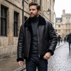 Men’s Authentic B2 RAF Aviator Real Sheepskin Shearling Leather Jacket with removable hood (Black B2)