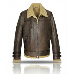 Mens B3 Bomber Aviator Flight Pilot RAF Fur Shearling Sheepskin Distressed Leather Jacket (Crack Brown)