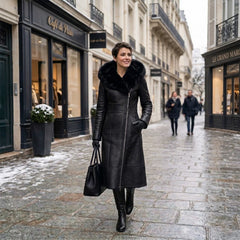 Women’s Genuine Black Sheepskin Shearling Leather Long Coat with Hood – Luxury Winter Outerwear (Kathy-Black)