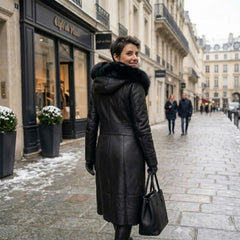 Women’s Genuine Black Sheepskin Shearling Leather Long Coat with Hood – Luxury Winter Outerwear (Kathy-Black)