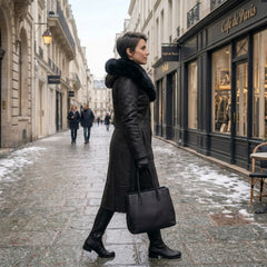 Women’s Genuine Black Sheepskin Shearling Leather Long Coat with Hood – Luxury Winter Outerwear (Kathy-Black)