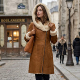 Women’s Genuine Sheepskin Shearling Leather Long Coat with Hood – Luxury Winter Outerwear (Kathy-Gold)