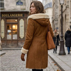 Women’s Genuine Sheepskin Shearling Leather Long Coat with Hood – Luxury Winter Outerwear (Kathy-Gold)