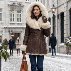 Women’s Genuine Sheepskin Shearling Leather Coat with Hood – Luxury Winter Outerwear (Saba Brown))